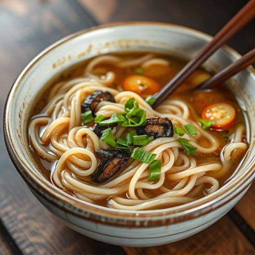 A close-up of thick, chewy udon noodles being served in a flavorful broth with various toppings, in a rustic bowl.