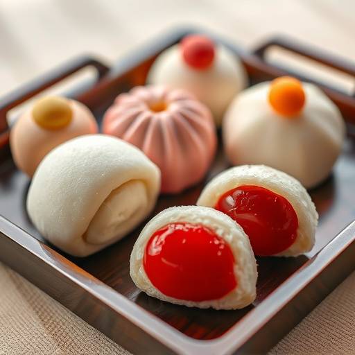 A collection of beautifully handcrafted Wagashi, including mochi, dango, and red bean paste sweets, displayed on a traditional tray.