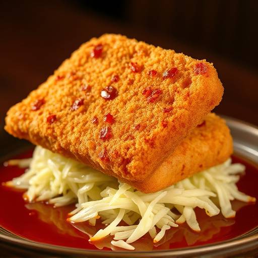 A perfectly golden-brown Tonkatsu cutlet, served with shredded cabbage and tonkatsu sauce, highlighting the crispy exterior and tender interior.