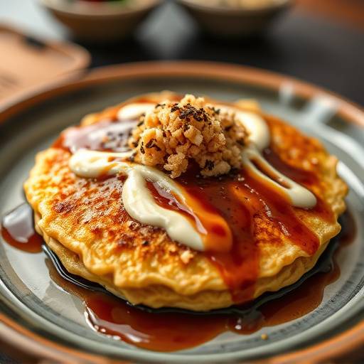 A savory Okonomiyaki pancake, topped with okonomiyaki sauce, mayonnaise, and bonito flakes, showcasing the layers of flavor and texture.