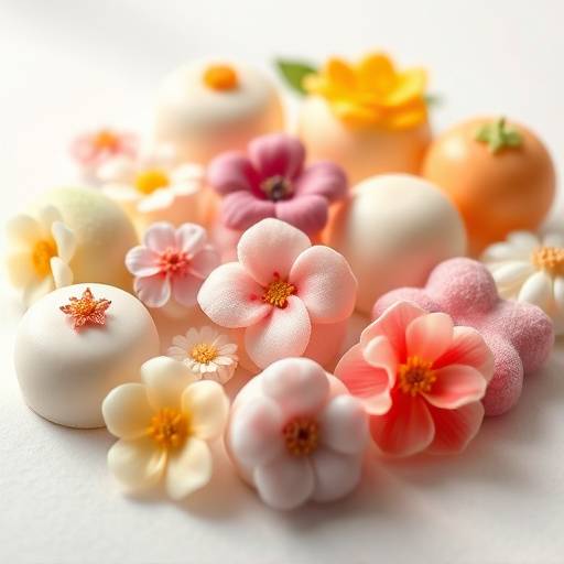 A selection of beautifully crafted wagashi, including mochi, dango, and manjū, decorated with delicate edible flowers.