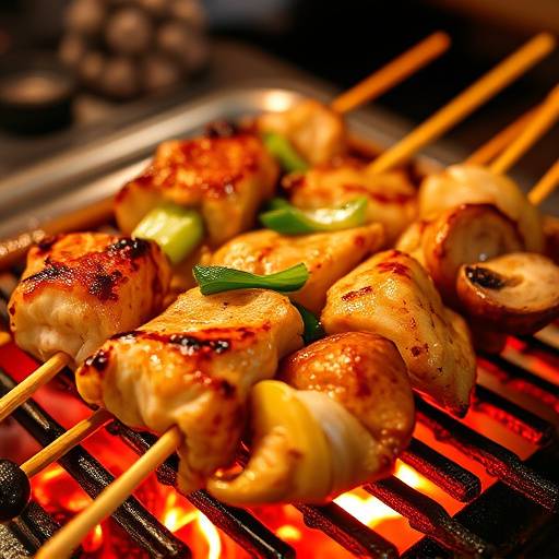 A selection of flavorful Yakitori skewers, including chicken, scallions, and mushrooms, sizzling on a traditional grill.