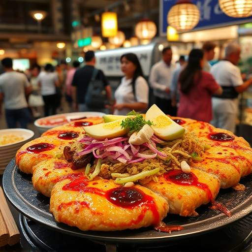 A sizzling okonomiyaki pancake being prepared on a griddle, with various toppings being added, in a vibrant and bustling atmosphere.