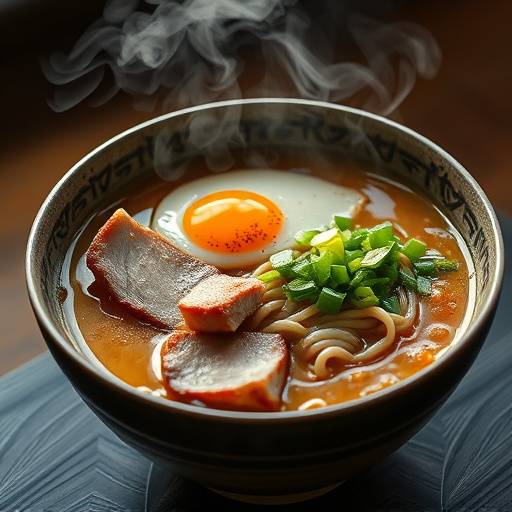 A steaming bowl of tonkotsu ramen with chashu pork, a soft boiled egg, and vibrant green onions.