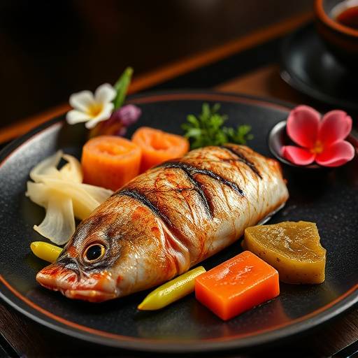 An artistic arrangement of a small Kaiseki course, featuring grilled fish, pickled vegetables, and edible flowers.