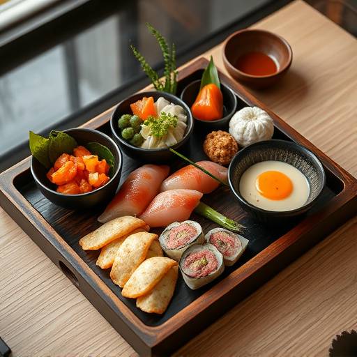 An elegantly arranged kaiseki meal featuring several small dishes with seasonal ingredients, on a lacquered tray.