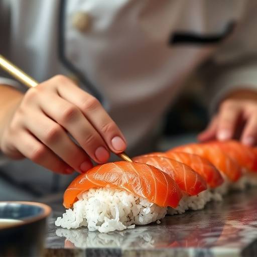 Close-up of a chef preparing nigiri sushi with fresh tuna and perfectly formed rice.