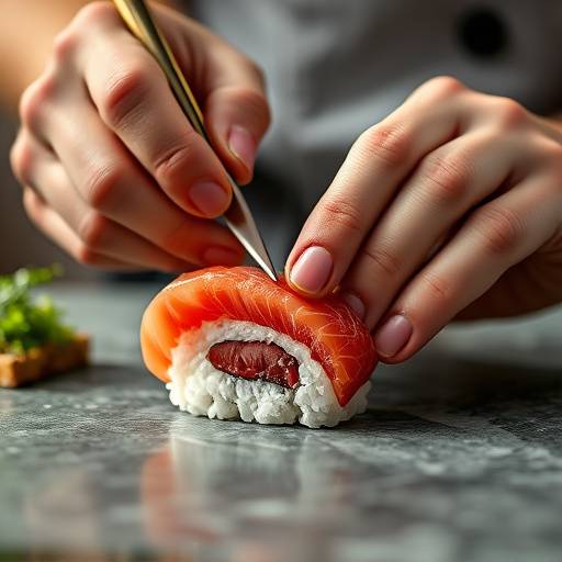 Close-up of a chef skillfully assembling a piece of nigiri sushi with fresh tuna.