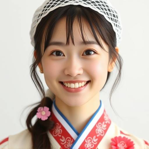 Headshot of Akari Yamamoto, a Japanese woman in her mid-20s with a cheerful and enthusiastic smile, wearing a clean wagashi-making uniform and a hair net.