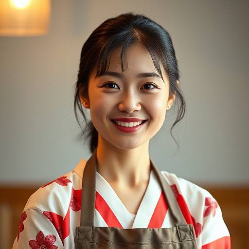 Headshot of Ayumi Kobayashi, a Japanese woman in her 30s with a warm and welcoming smile, wearing a traditional Kimono and a cooking apron.