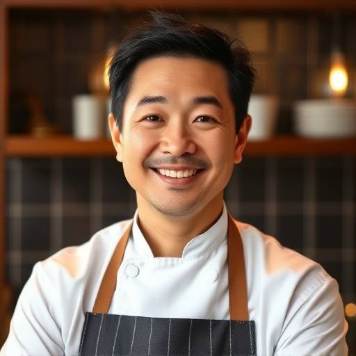 Headshot of Chef Hiroki Tanaka, a Japanese man in his 40s with a friendly smile, wearing a chef's uniform.
