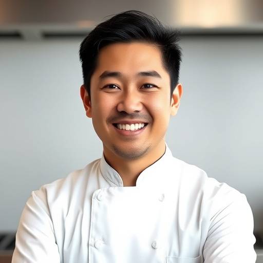 Headshot of Chef Hiroki Tanaka, a Japanese man in his 40s with a kind smile, wearing a pristine chef's uniform.