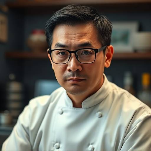 Headshot of Daisuke Nakamura, a Japanese man in his 40s with a focused expression, wearing a chef's coat and glasses.