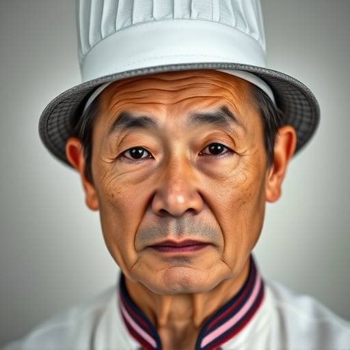 Headshot of Kenji Ito, a Japanese man in his 50s with a serious expression, wearing a traditional chef's hat.