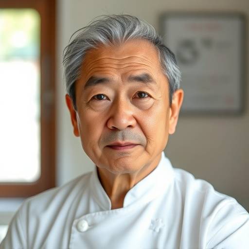 Headshot of Kenji Ito, a Japanese man in his late 50s with a serious but thoughtful expression, wearing a traditional white chef's hat and uniform.