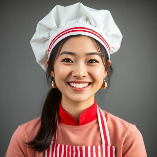 Headshot of Sakura Yumi, a Japanese woman in her early 30s with a bright smile, wearing a traditional cooking apron and a chef's hat.