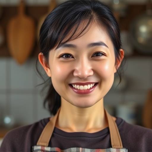 Headshot of Sakura Yumi, a Japanese woman in her 30s with a warm smile, wearing a cooking apron.