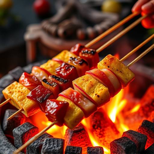 Various types of yakitori skewers grilling over a charcoal fire, with visible smoke and vibrant colors.